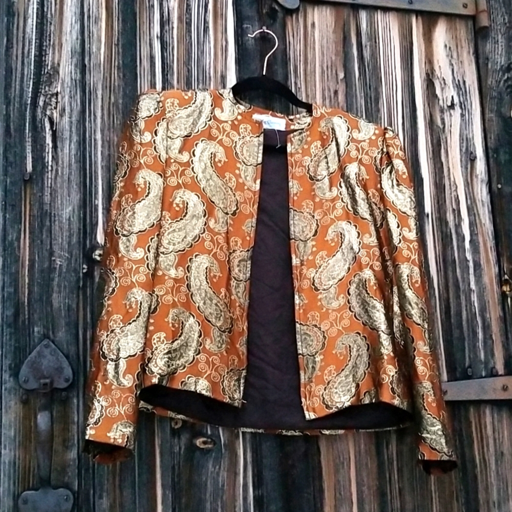 Vintage 1970s Lurex Gold Copper Paisley Oleg Cassini DISCO Jacket